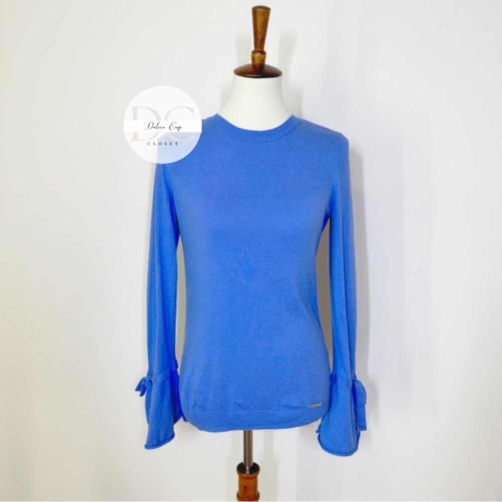 MICHAEL KORS Women's Sweater Pullover Blue Long Sleeve Flared Tie Size S…